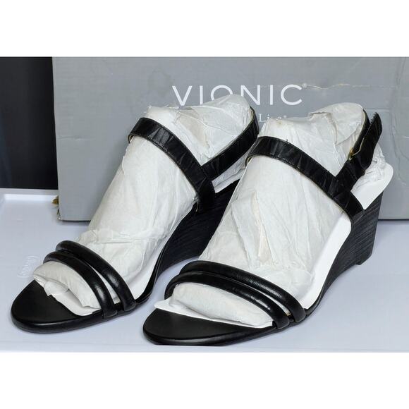 Vionic Black Strappy Wedge Sandals - Picture 1 of 6